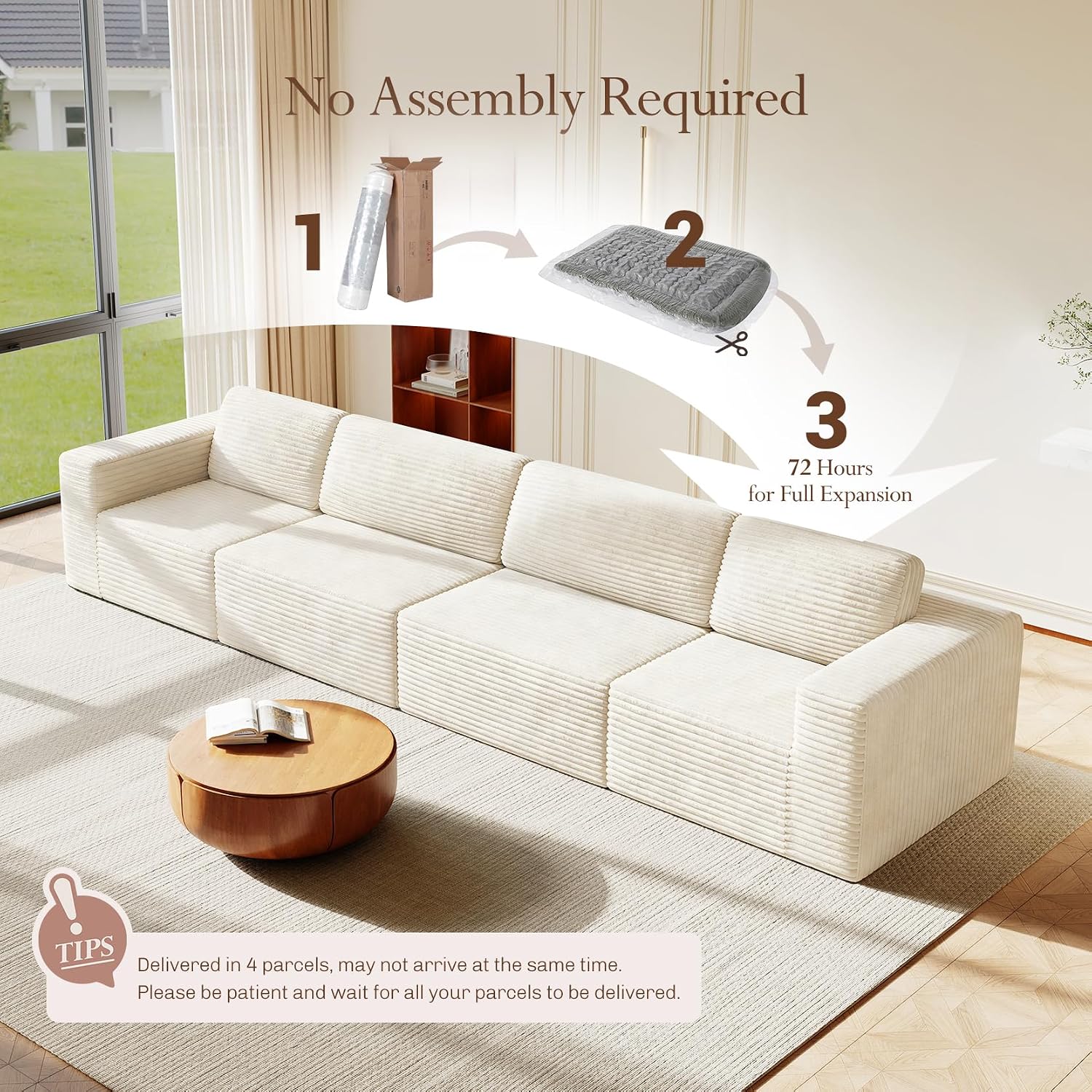 Vesgantti 159' Modular Sectional Sofa, Corduroy Cloud Couch with Extra Deep Seats & Spring Support, Flexible Layout 4-Seater Boneless Couch, No Assembly Required, Beige