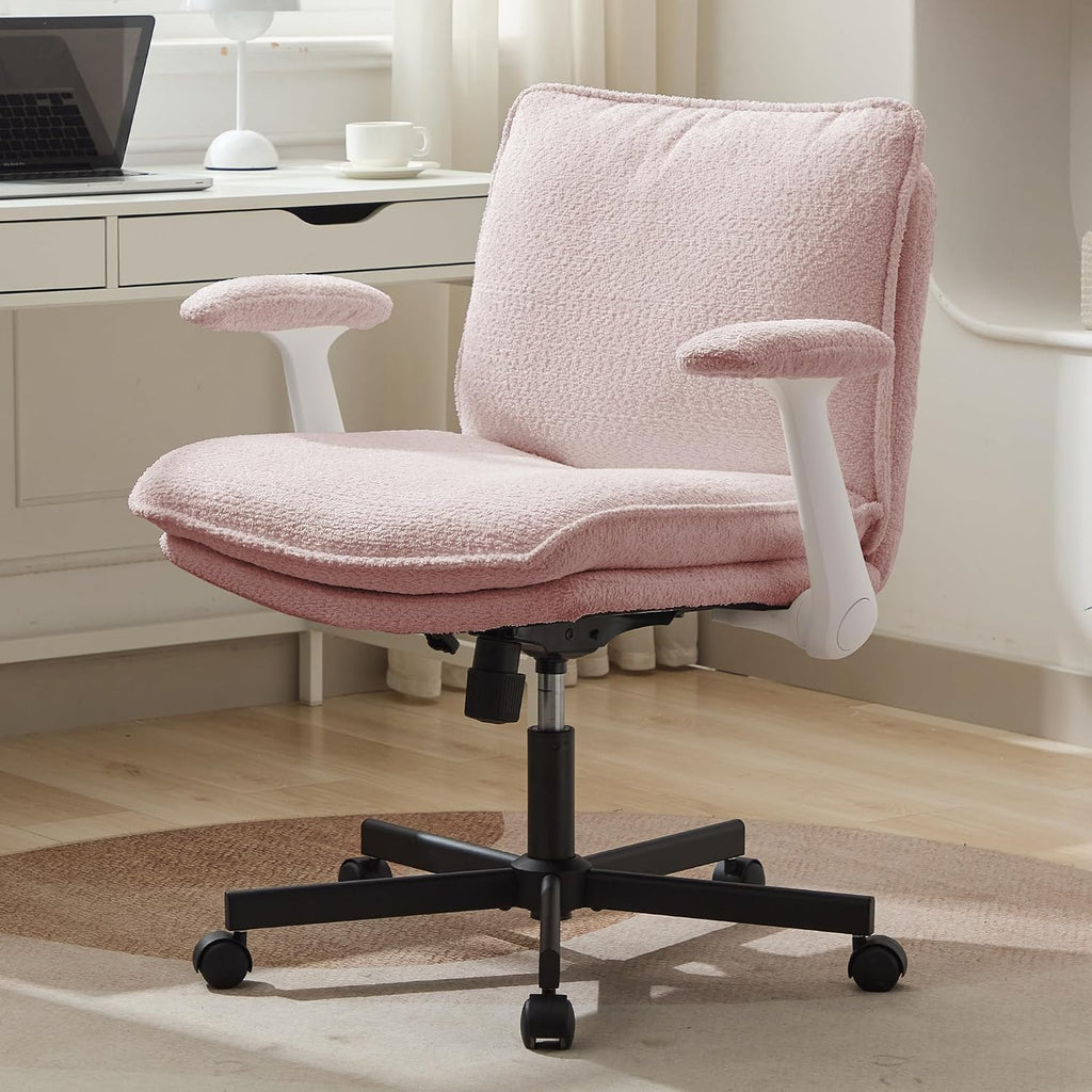 Kassipo Criss Cross Legged Office Chair with Wheels and Flip-Up Arms, Upholstered Criss Cross Desk Chair, Wide Seat Chairs for Home Office, Vanity, Apartment, Pink