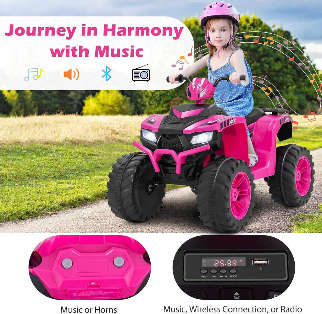 Costzon Kids ATV, 24V Four Wheeler Quad Ride on Car w/Forward/Backward, 2 Speeds, Wireless Connection, Music, Radio, LED Lights, Electric Vehicle Toddler 4 Wheeler for Kids, Boys & Girls 3-8 (Pink)