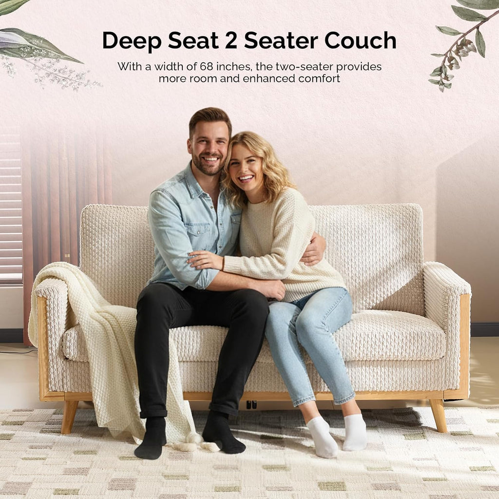 VINGLI 68' W Comfortable Mid Century Loveseat, Two Seater Sofa with Spring Support & Solid Wood Frame, Corduroy Fabric Small Couch for Living Room, Small Space, Bedroom, White