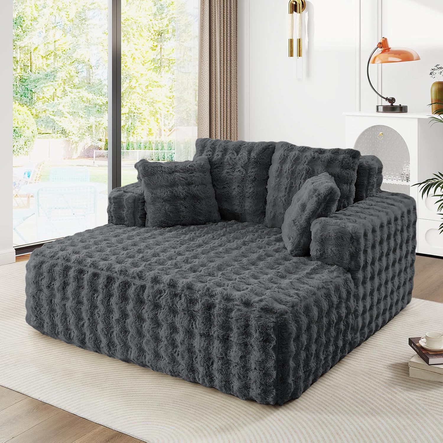 JEEOHEY 56' W Oversized Chaise Lounge Chair Indoor,Plush Faux Fur Sleeper Couch Sofa Bed with Pillows,Fluffy Comfy Cloud Sofa,Compression Foam Boneless Couch for Living Room,Bedroom(Bubble, Grey)