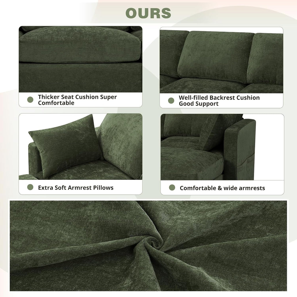 84' Chenille 3 Seats Sofa W/Movable Ottoman, Modern Fabric L Shaped Couch w/Soft Backrest, Upholstered Sectional Sofa with Armrest Pillows for Living Room, Office, Green