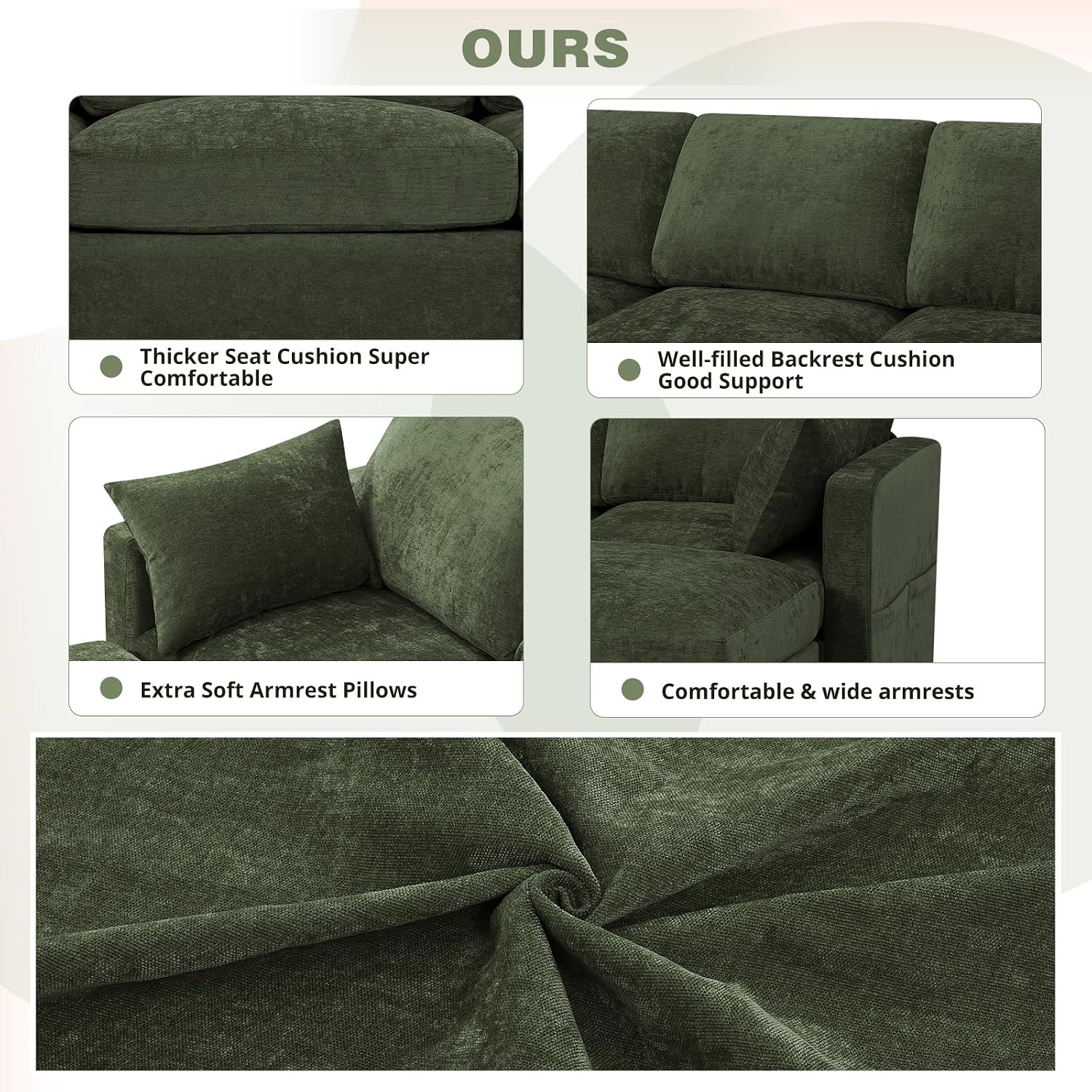 84' Chenille 3 Seats Sofa W/Movable Ottoman, Modern Fabric L Shaped Couch w/Soft Backrest, Upholstered Sectional Sofa with Armrest Pillows for Living Room, Office, Green