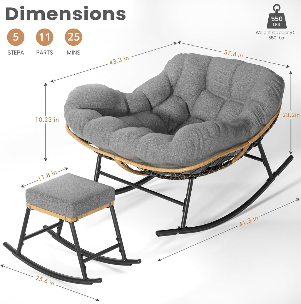 Easyego Oversized Papasan Rocking Chair with Ottoman for Indoor Outdoor Use, Comfortable Wicker Rocker with Cozy Thicken Cushion for Deck, Balcony, Poolside, Lawn, Bedroom, Living Room, Deep Gray