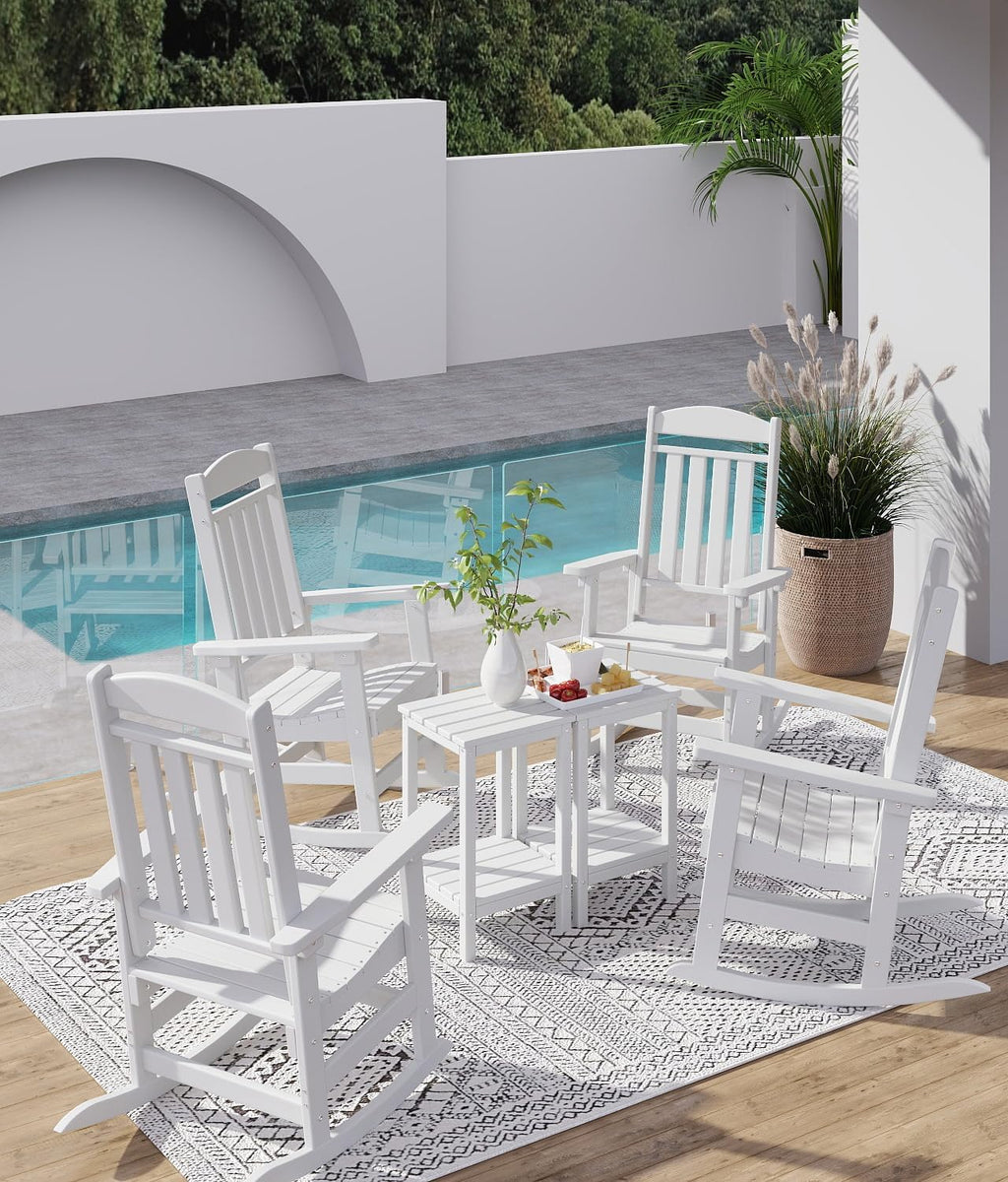 FOOWIN Outdoor Rocking Chair Set of 8, High Back Patio Rocking Chair, HDPE All Weather Resistant Porch Rocker for Adult, Oversized Rocking Chairs for Garden, Lawn, Indoor & Outdoor Use, White