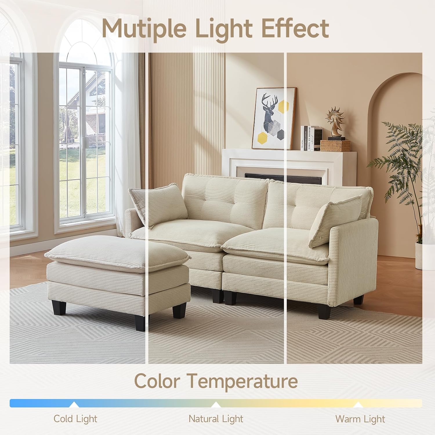 Amsleekey Modular Sectional Sofa, 76.5' L-Shaped Corduroy Comfy Sectional Couches for Living Room, 2-Seater Cloud Couches with 1 Movable Ottoman, Flexible Combination Modern Deep Seat Sofa (Beige)