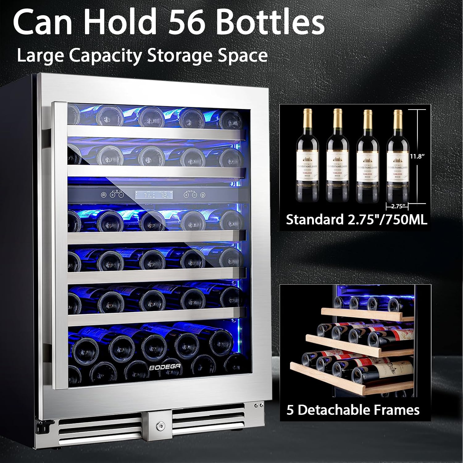 BODEGA 56 Bottle Wine Cooler, 24 Inch Dual Zone Wine Fridge with Double-Layer Glass Door, Wine Cooler Refrigerator with Digital Temperature Control and Temperature Memory, Wine Cooler for Home