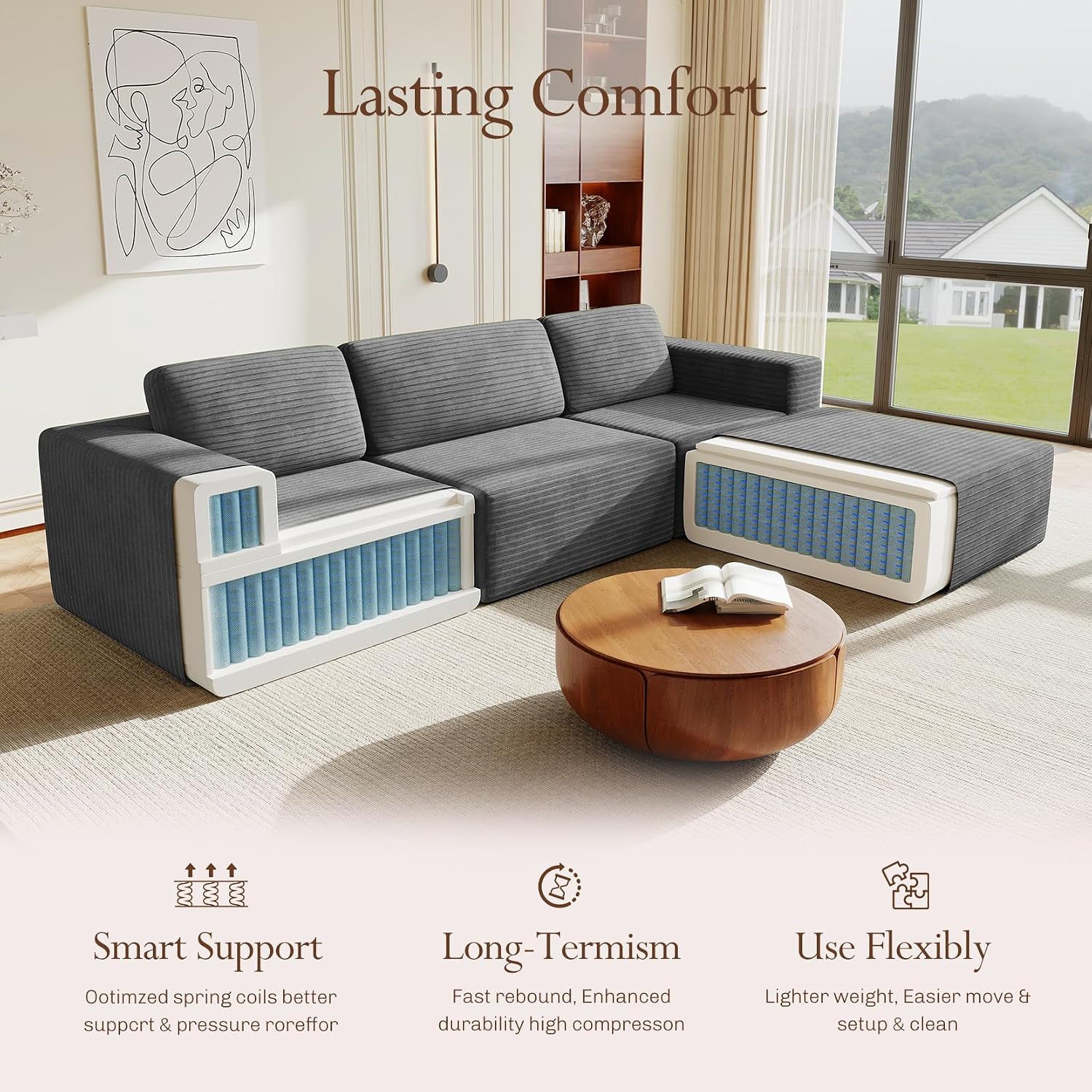 Vesgantti 119' L-Shaped Modular Sectional Sofa, Corduroy Cloud Couch with Deep Seating & Spring Support, Flexible Layout Sofa with Ottoman, Boneless Style, No Assembly Required, Grey