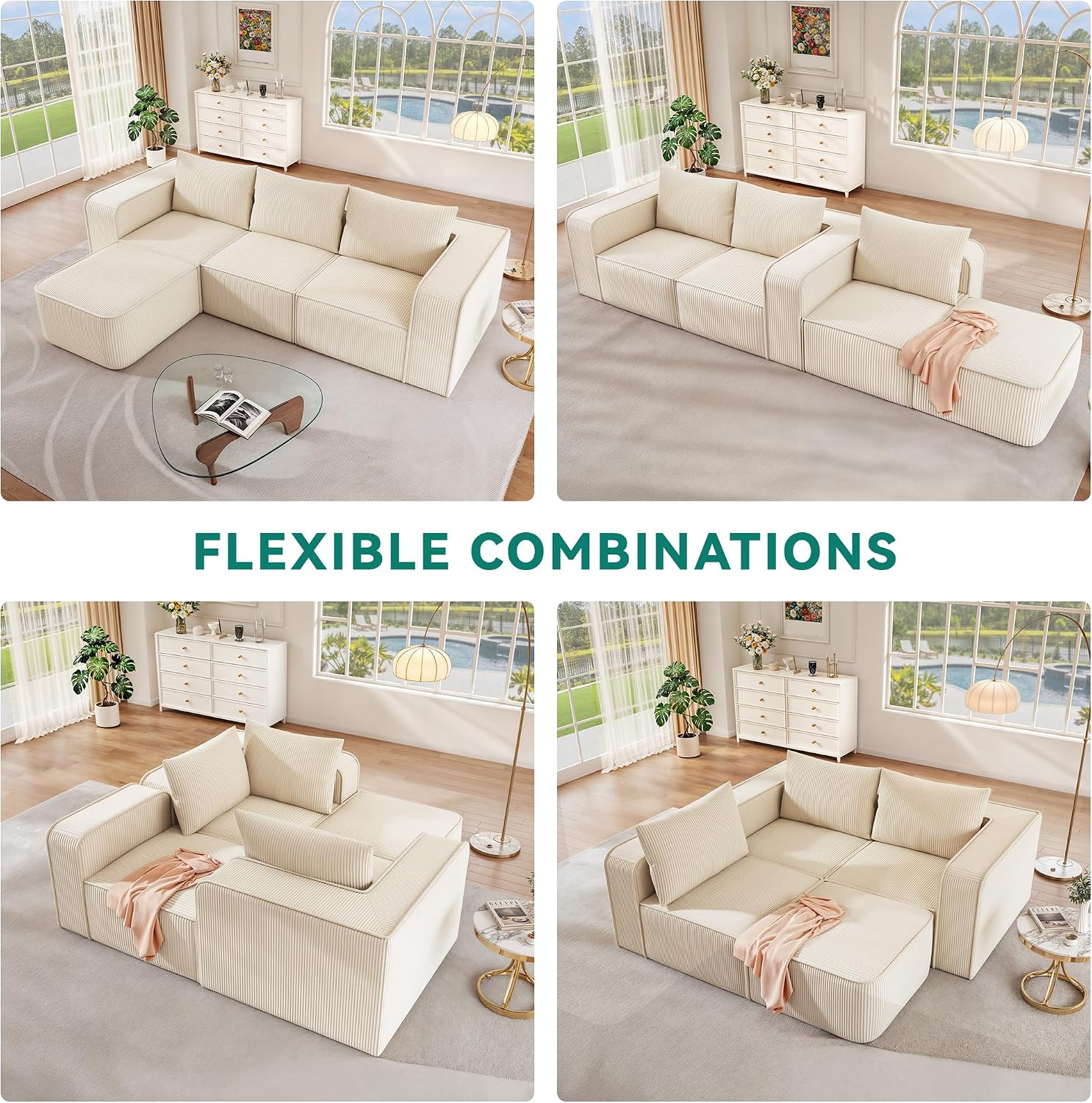 YITAHOME 107 Inch Cloud Modular Sofa with L-Shape Chaise, Deep Seat & 3 Pillows, Corduroy Couch for Living Room Bedroom, No Assembly Needed, Milky White