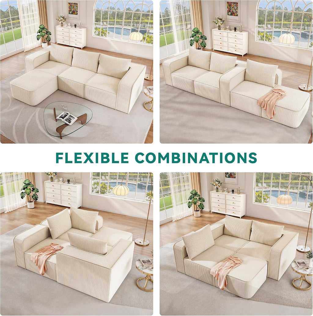DWVO 107 Inch Cloud Sectional Couch with L-Shape Chaise, Deep Seat Sofa with 3 Pillows, 1 Ottomans Corduroy Upholstered Modular Sofa for Living Room Bedroom, No Assembly Required, Milky White