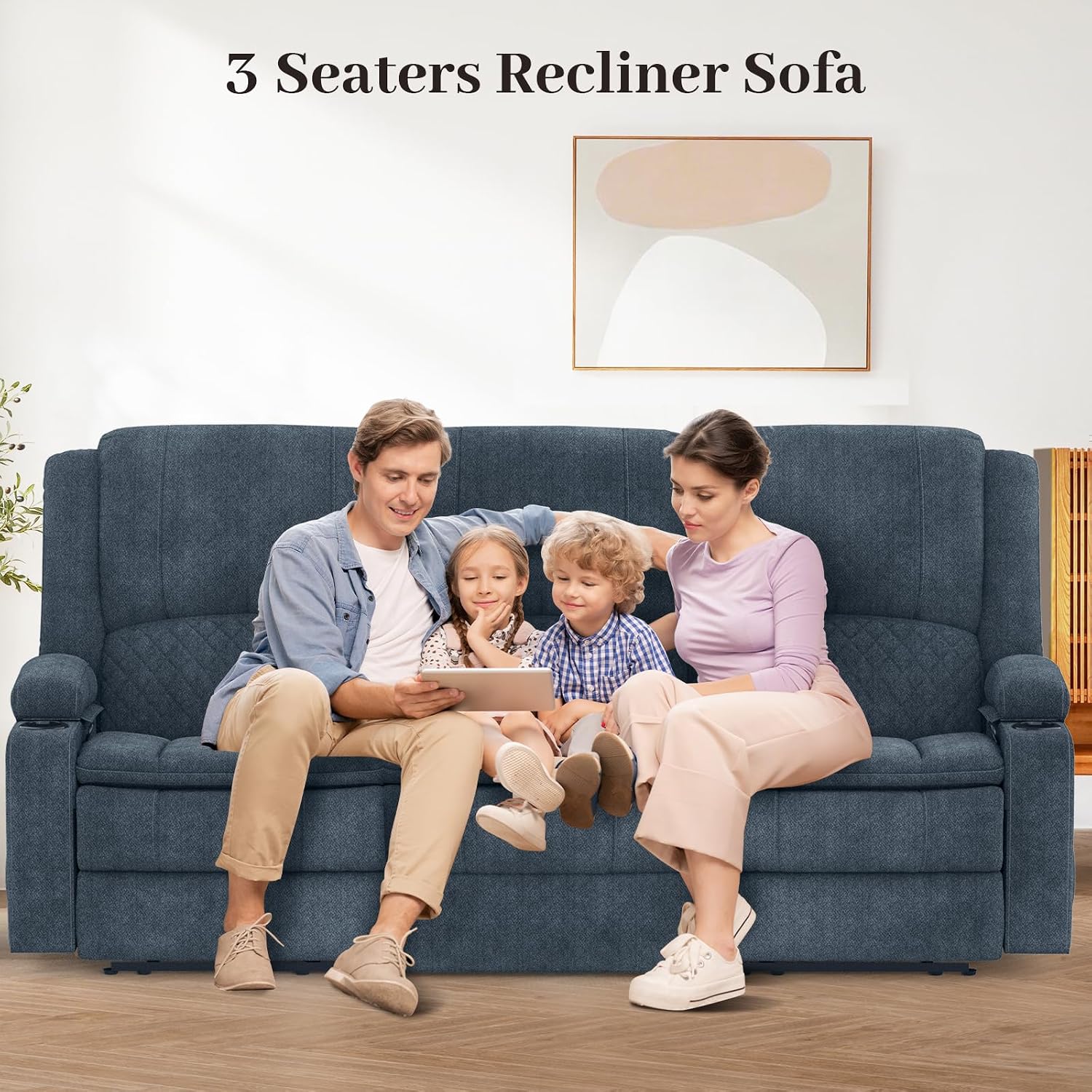 Yolsali 3-Seater Recliner Sofa, Manual Reclining Couch with Multi-Functional Middle Seat, Reclining Sofa for Living Room with Hidden Storage Space, Cup Holders, and Removable Console