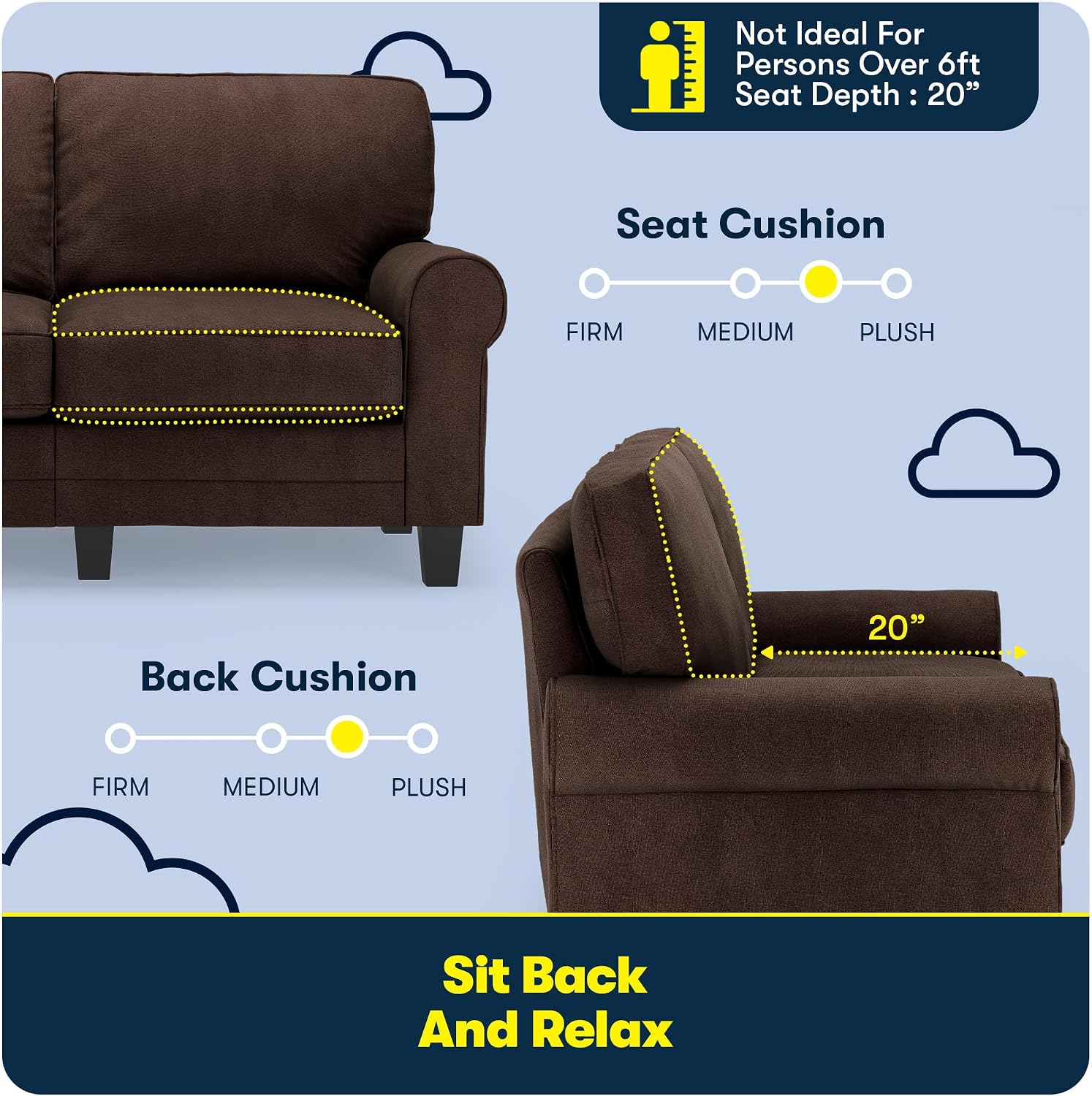 Serta Copenhagen 61' Rolled Arm Sofa, Easy Care Polyester, Soft Pillow Back, Pocket Coil Seat Cushions, Removable Covers, Loveseat or Couch for Small Spaces, Living Rooms or Bedrooms, Brown