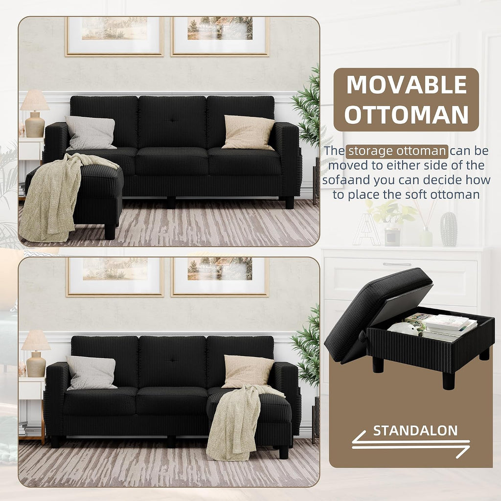 Convertible Sectional Sofa with Storage Ottoman, 77' L-Shaped 3-Seat Couch with Skin-Friendly Corduroy Fabric, Reversible Small Sectional for Small Space, Apartment, Living Room and Office(Black)