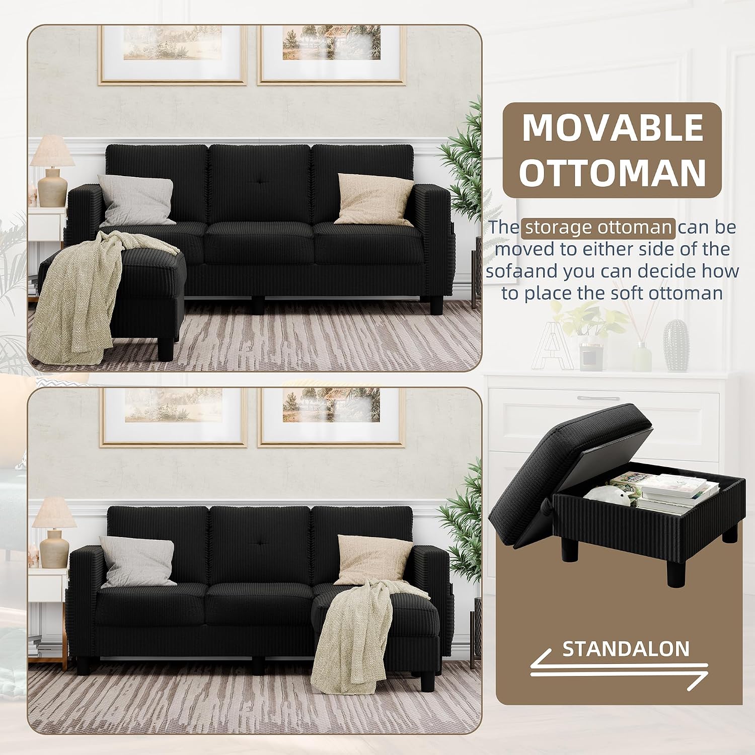 Convertible Sectional Sofa with Storage Ottoman, 77' L-Shaped 3-Seat Couch with Skin-Friendly Corduroy Fabric, Reversible Small Sectional for Small Space, Apartment, Living Room and Office(Black)