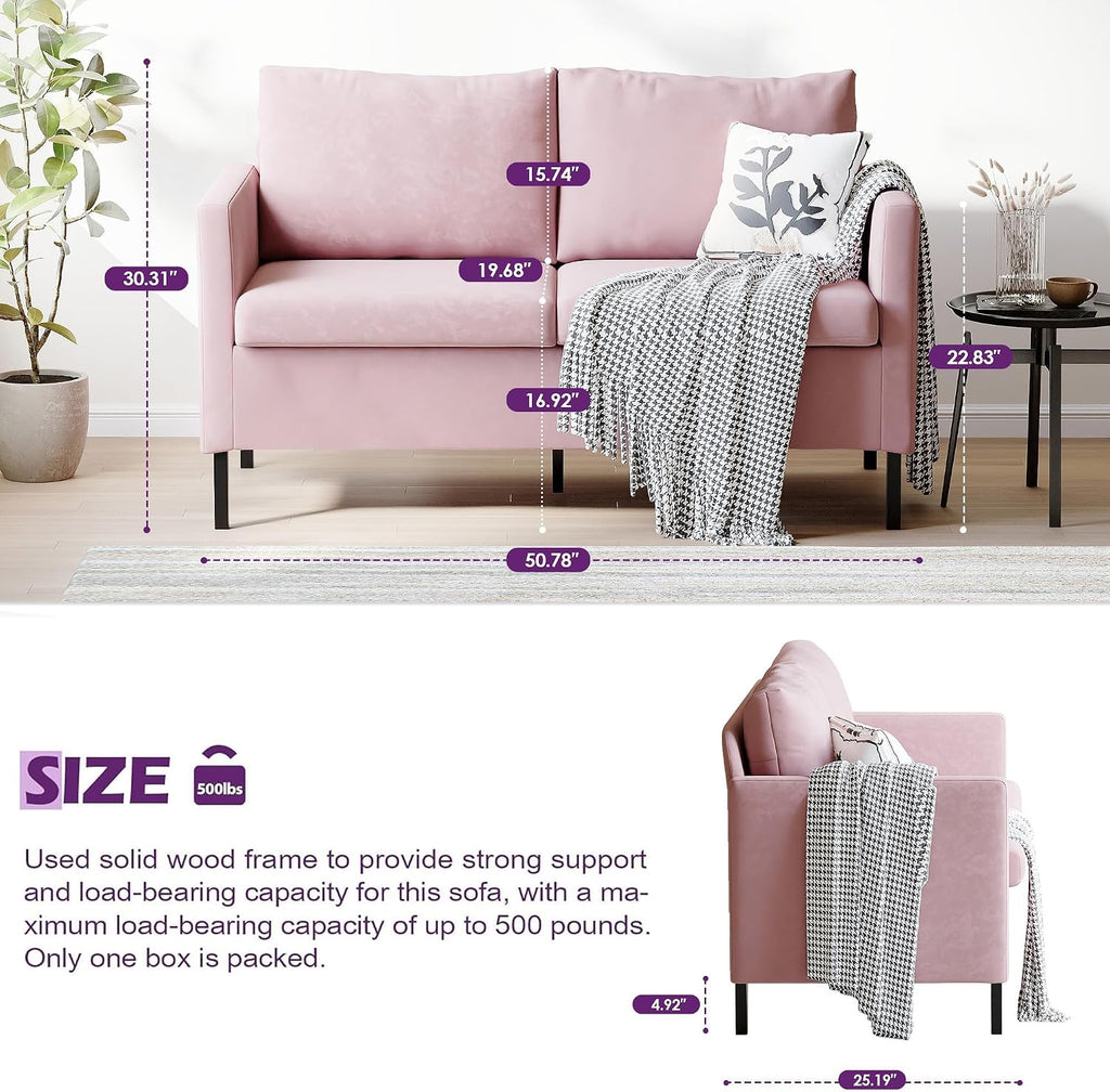 TYBOATLE Love Seat Mid Century Modern Small Loveseat for Living Room, 51' W Mini Little Upholstered 2-Seater Love Seats w/Iron Legs for Compact Small Space, Apartment, Bedroom, Dorm, Office (Pink)