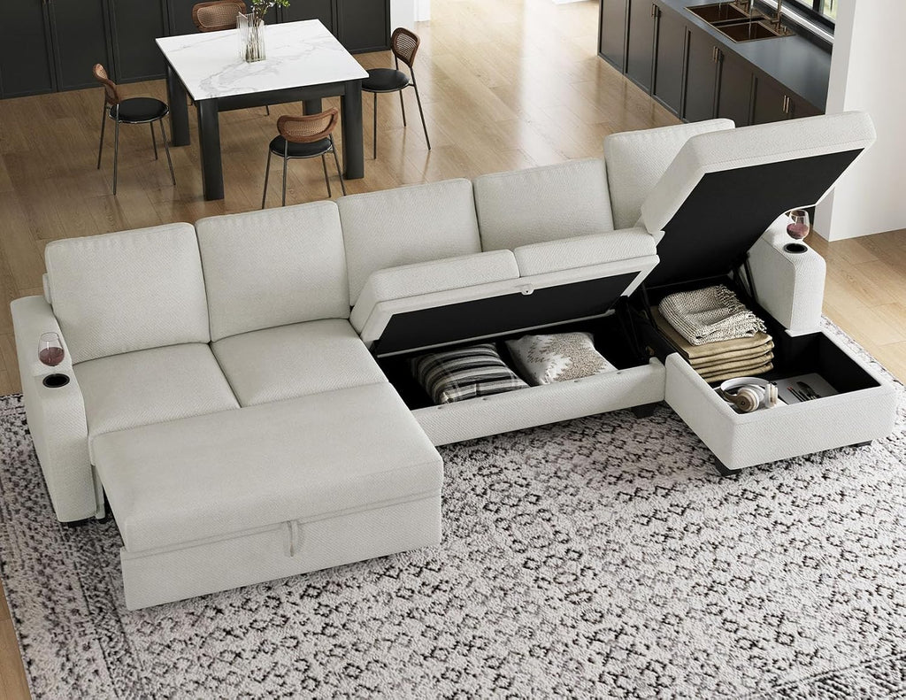 Belffin Modular Sectional Sleeper Sofa Bed with Storage Chaise L Shaped Sectional Couches for Living Room Armrest with Cup Holder. White Couch