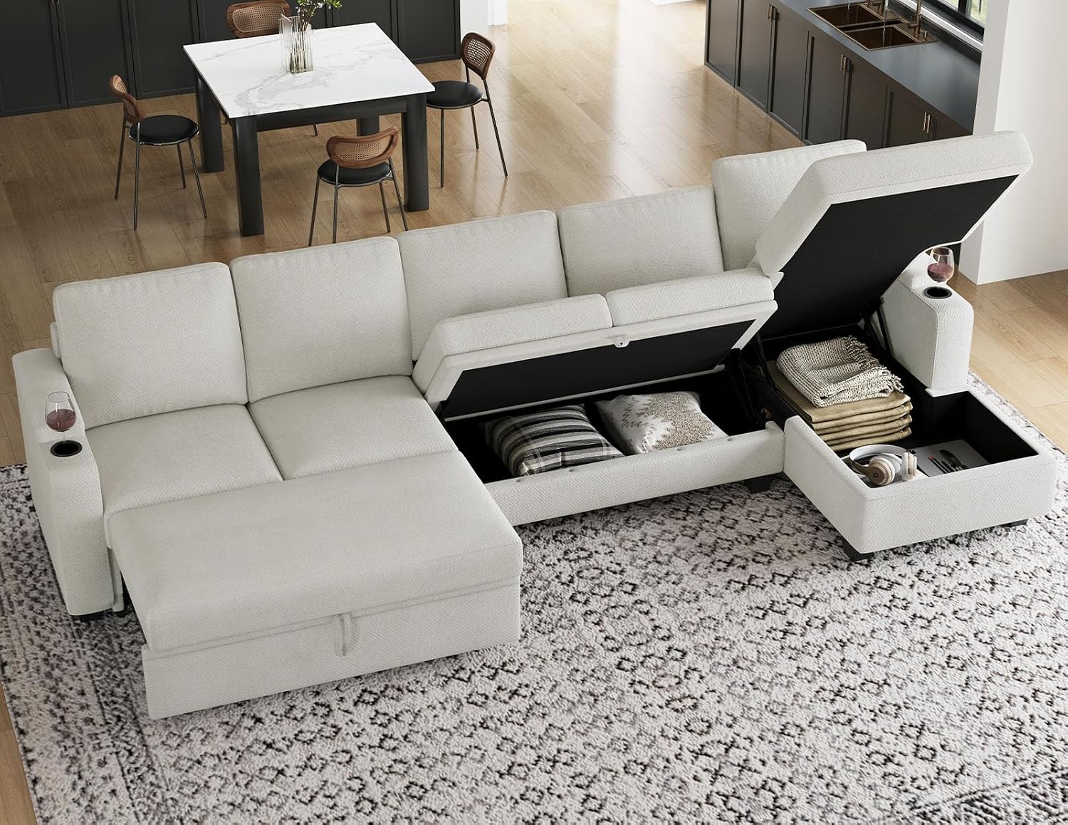 Belffin Modular Sectional Sleeper Sofa Bed with Storage Chaise L Shaped Sectional Couches for Living Room Armrest with Cup Holder. White Couch