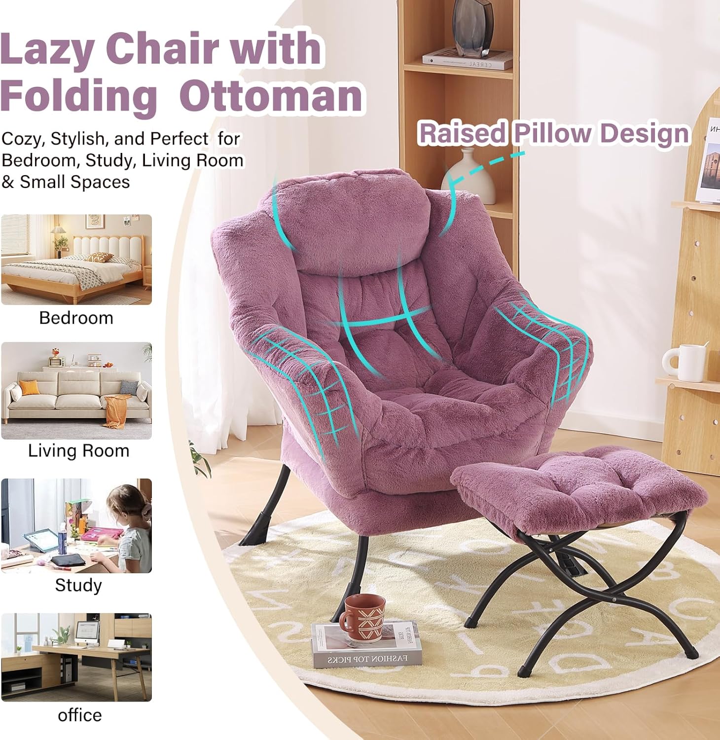 Furlide Lazy Chair with Ottoman, Modern Accent Chair with Armrests and a Side Pocket, Plush Purple Accent Chairs, Reading Chairs, Oversized Armchairs for Bedroom, Study, Living Room, Courtyard