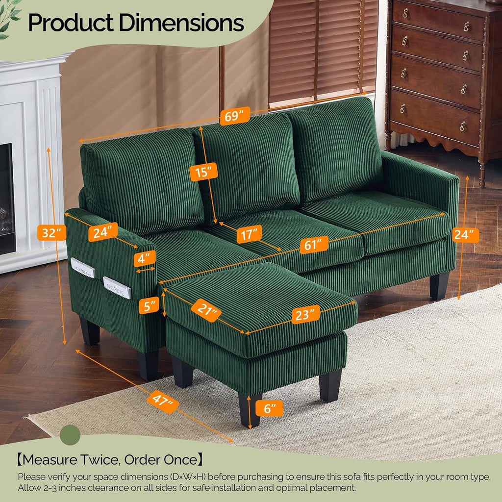 VINGLI 68.5' L Shaped Couch with Movable Storage Ottoman, Convertible Sectional Sofa in Soft Corduroy Fabric, Modern Reversible Chaise Couch for Small Spaces, Apartment, Living Room，Dark Green