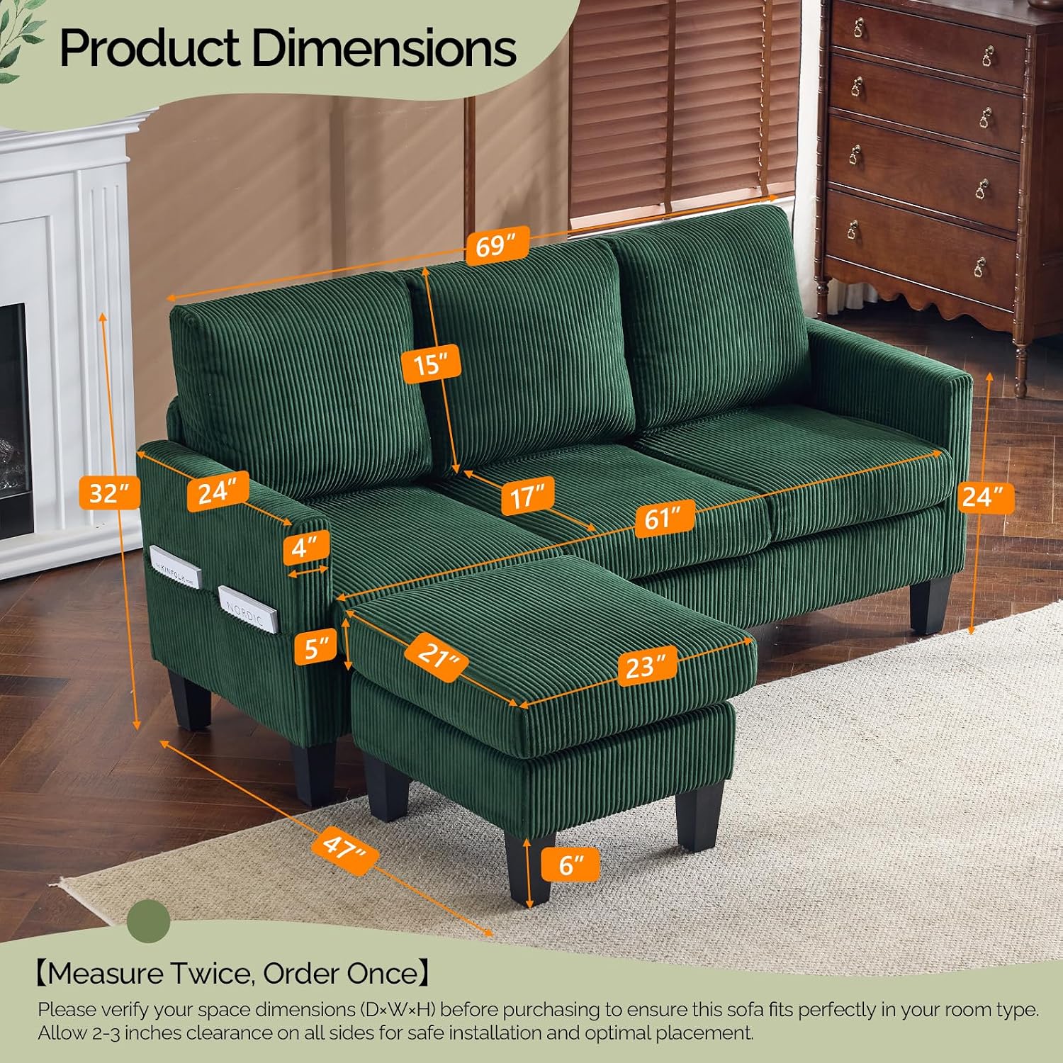 VINGLI 68.5' L Shaped Couch with Movable Storage Ottoman, Convertible Sectional Sofa in Soft Corduroy Fabric, Modern Reversible Chaise Couch for Small Spaces, Apartment, Living Room，Dark Green