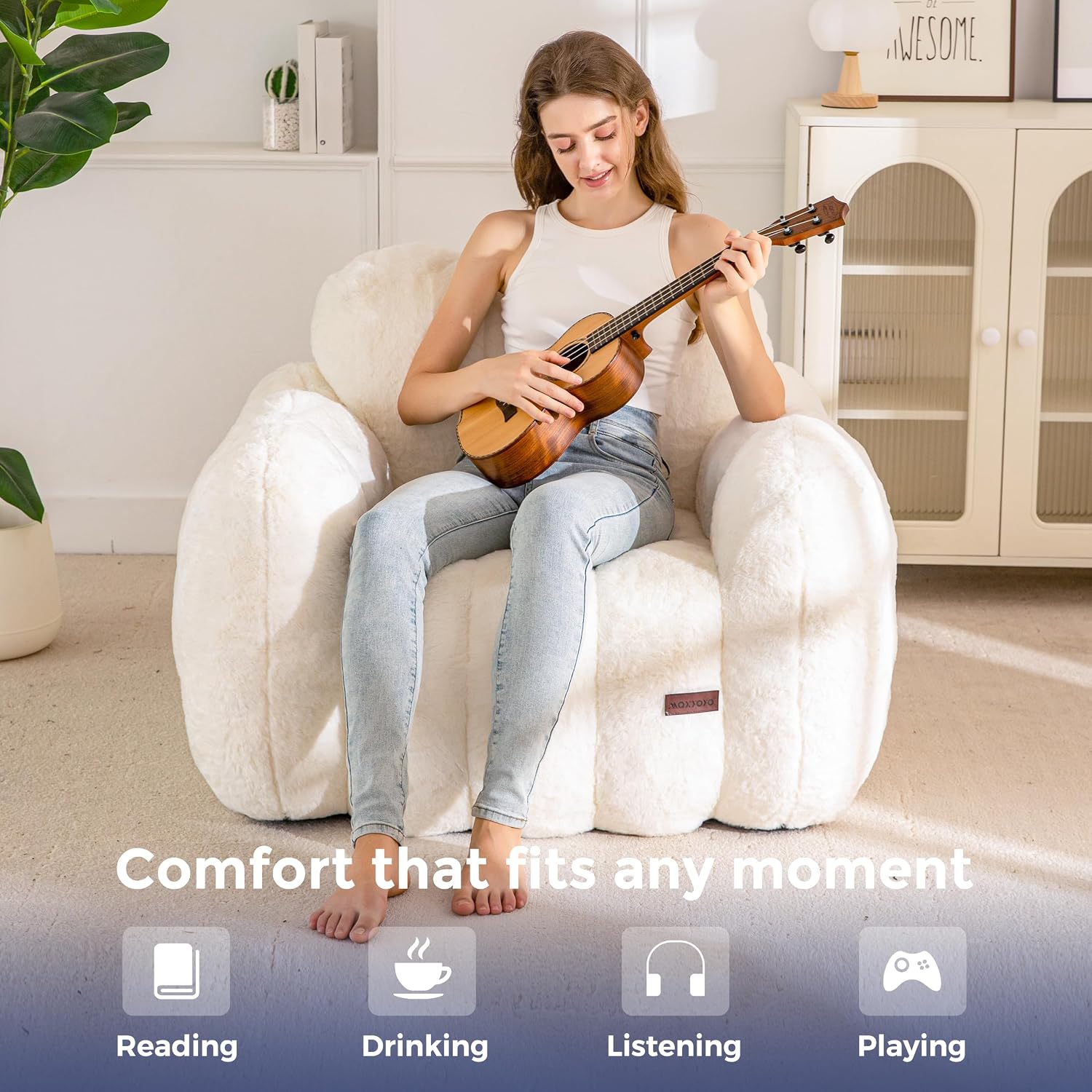 MAXYOYO Bean Bag Chair, Cloud Shaped Bean Bag Sofa for Adults, Soft Stuffed Lazy Floor Sofa with Supportive Filling, Comfy Single Couch for Living Room, Bedroom, Apartment, Beige