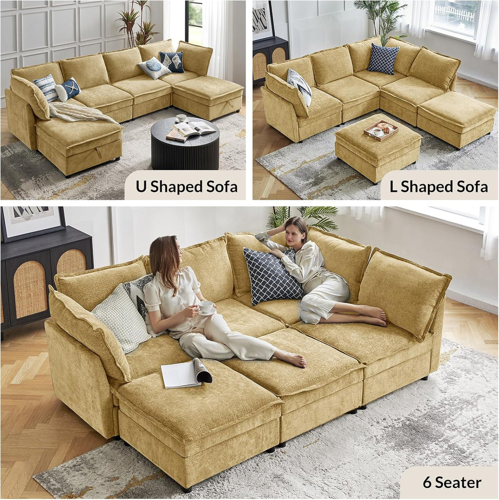 HULALA HOME 127'' Modular Sectional Sofa, Oversized U Shaped Couch with Storage Ottoman, Comfy Chenille Sofa with Deep Seat, 6 Seat Convertible Couches for Living Room, Cream