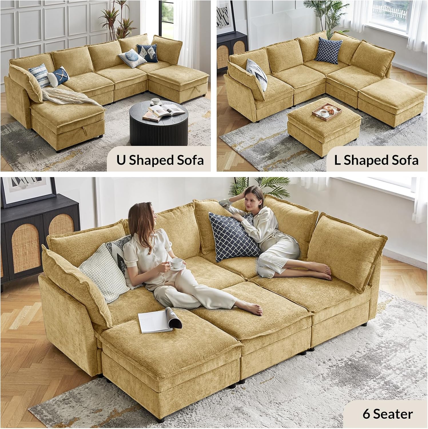 HULALA HOME 127'' Modular Sectional Sofa, Oversized U Shaped Couch with Storage Ottoman, Comfy Chenille Sofa with Deep Seat, 6 Seat Convertible Couches for Living Room, Cream