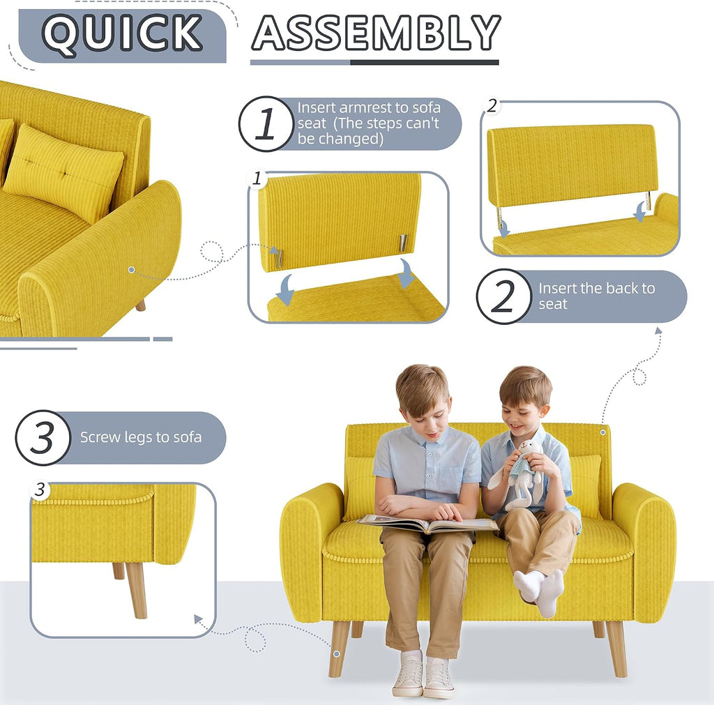 Shintenchi 48'' Loveseat Sofa, Mid-Century Modern Upholstered Couch Deep Seat with 2 Pillows, 10' Thick Cushion with Spring, Solid Wood Frame Small Couch for Living Room, Dorms & Office, Yellow