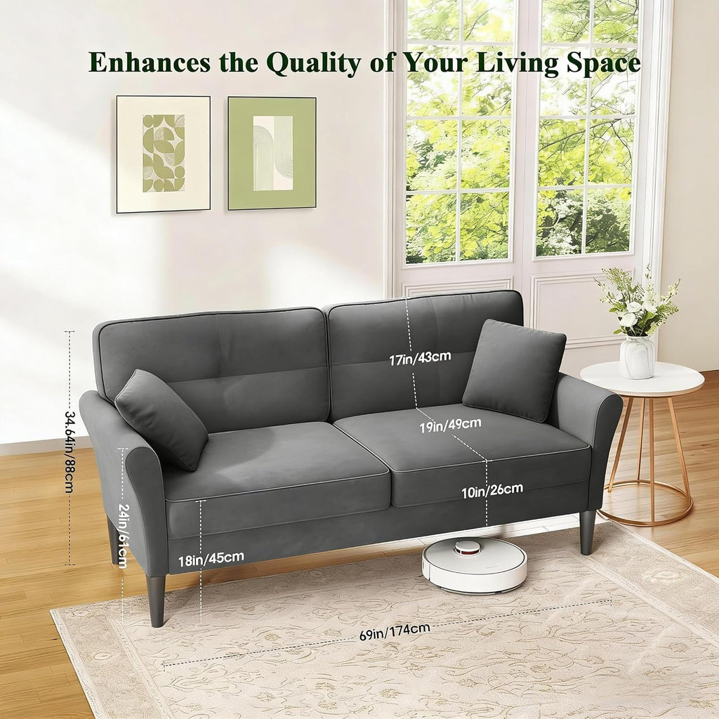 Loveseat Sofa, 69' Love Seat Couches, Comfy Velvet Small Couches for Small Spaces with 2 Pillows, Tool-Free Setup Sofas & Couches, 700lb Load Sofas for Living Room, Mini Couch for Bedroom, Grey Couch