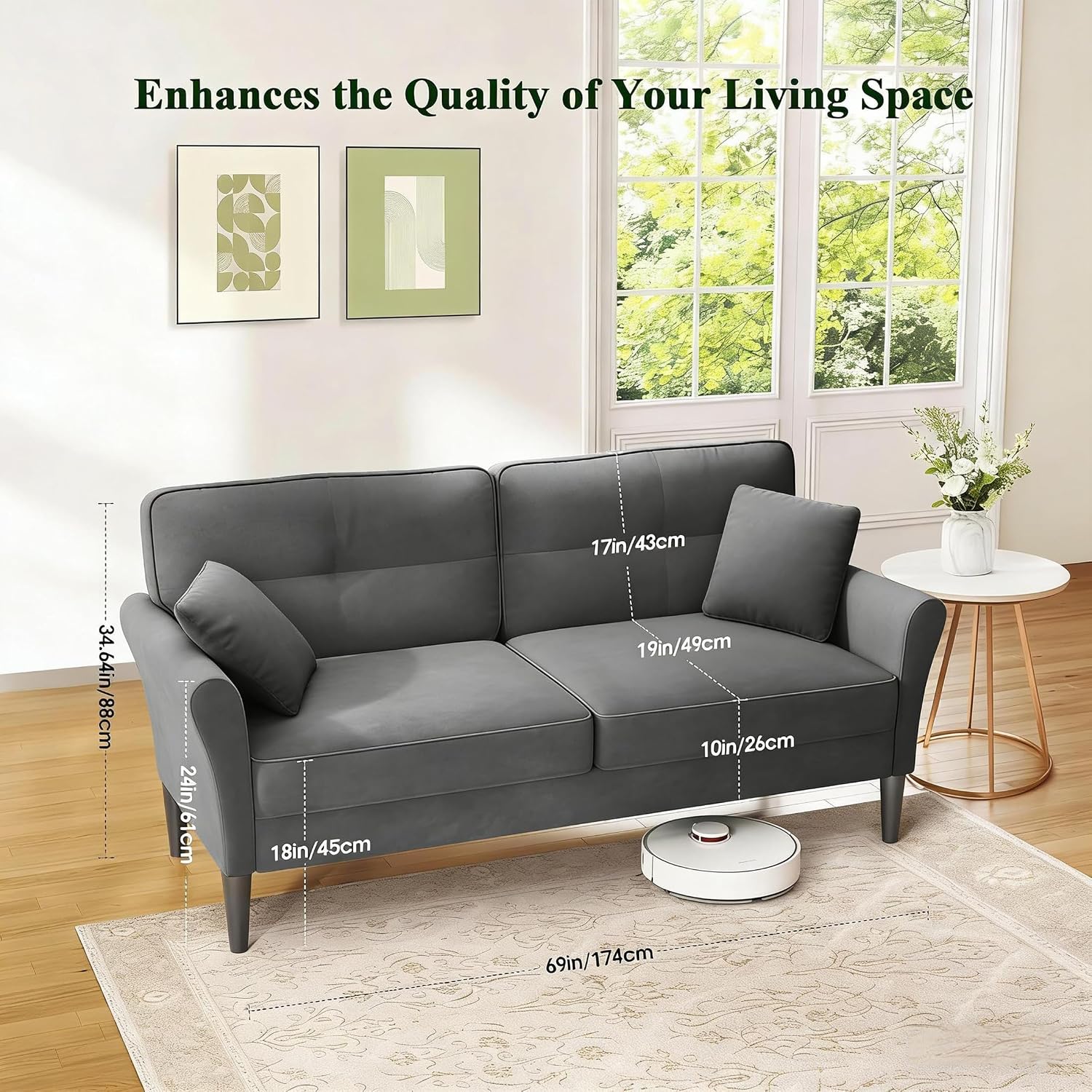 Loveseat Sofa, 69' Love Seat Couches, Comfy Velvet Small Couches for Small Spaces with 2 Pillows, Tool-Free Setup Sofas & Couches, 700lb Load Sofas for Living Room, Mini Couch for Bedroom, Grey Couch