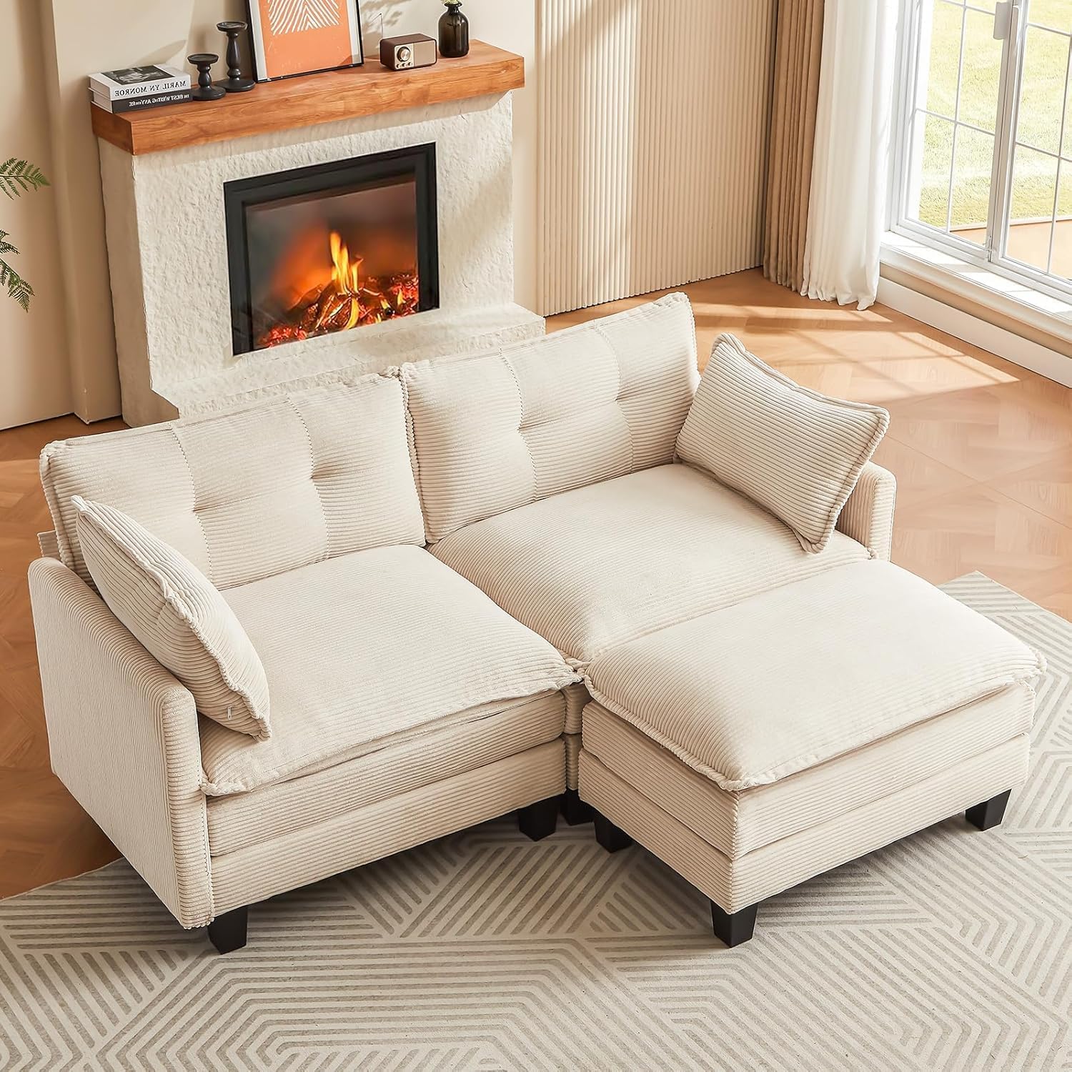 Amsleekey Modular Sectional Sofa, 76.5' L-Shaped Corduroy Comfy Sectional Couches for Living Room, 2-Seater Cloud Couches with 1 Movable Ottoman, Flexible Combination Modern Deep Seat Sofa (Beige)