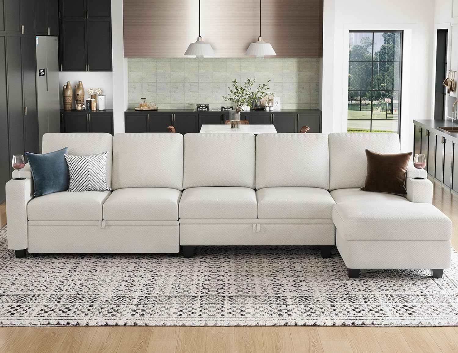 Belffin Modular Sectional Sleeper Sofa Bed with Storage Chaise L Shaped Sectional Couches for Living Room Armrest with Cup Holder. White Couch