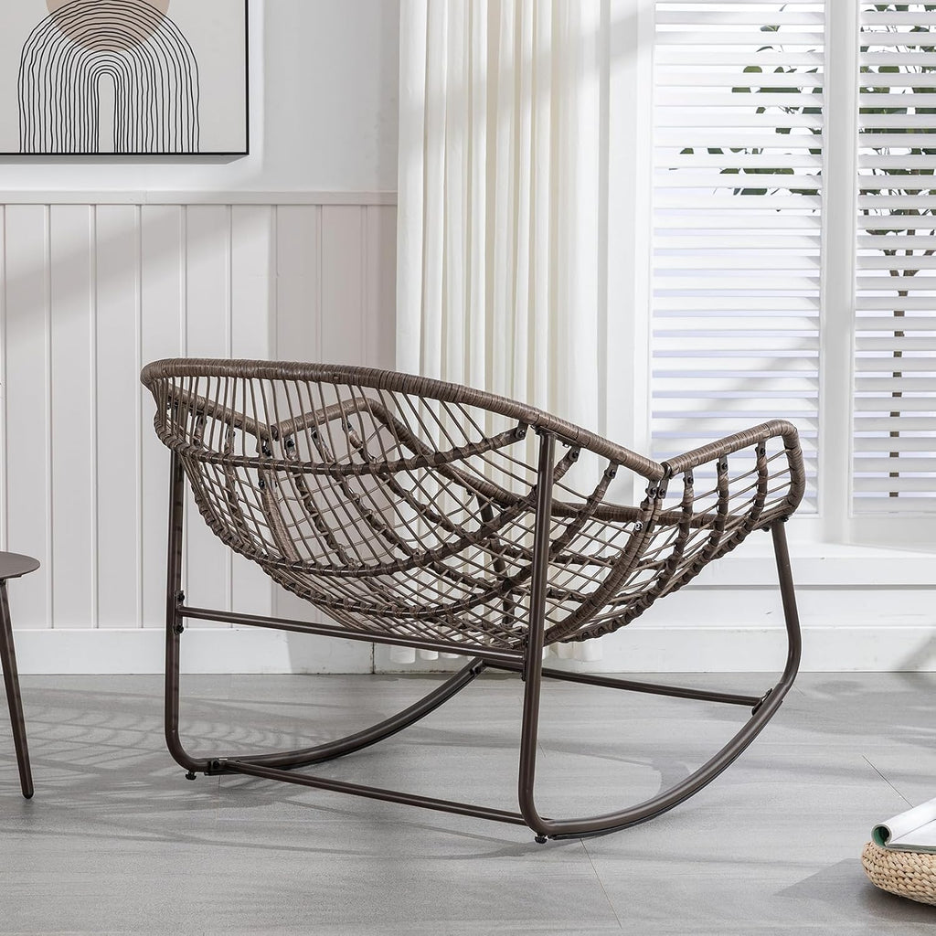 JEEOHEY Papasan Rocking Chairs Outdoor Indoor, Oversized Rattan Rocker Patio Chair with Padded Cushion, Comfy Modern Indoor Egg Chair for Living Room, Bedroom, Porch, Garden, Balcony(Corduroy, White)