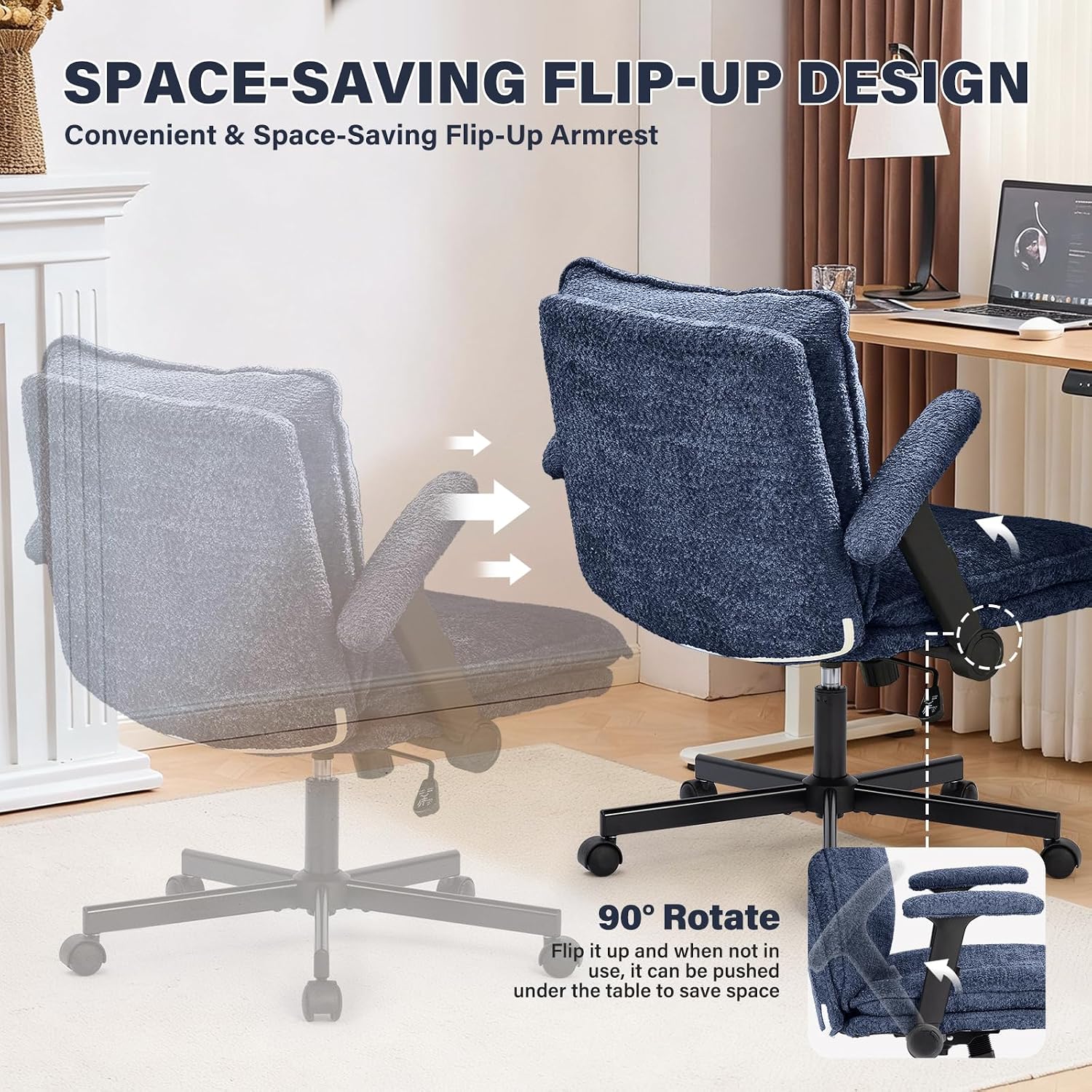 Kassipo Criss Cross Legged Office Chair with Wheels and Flip-Up Arms, Upholstered Criss Cross Desk Chair, Wide Seat Chairs for Home Office, Vanity, Apartment, Navy Blue