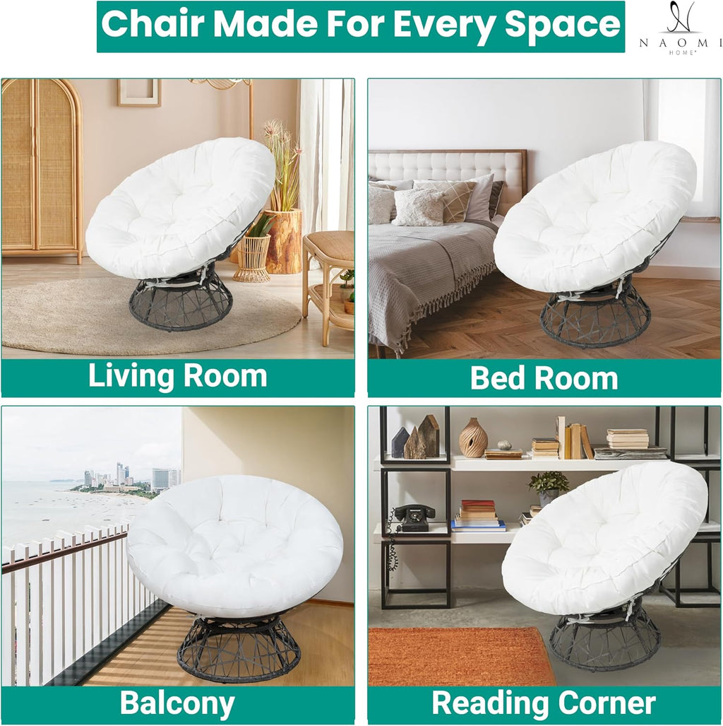 Naomi Home 40' Papasan Chair Indoor with Cushion and Frame – Round Wicker Papasan Chair with Thick Tufted Cushion, Sturdy Metal Base, Large Reading Chair for Bedroom & Living Room, White