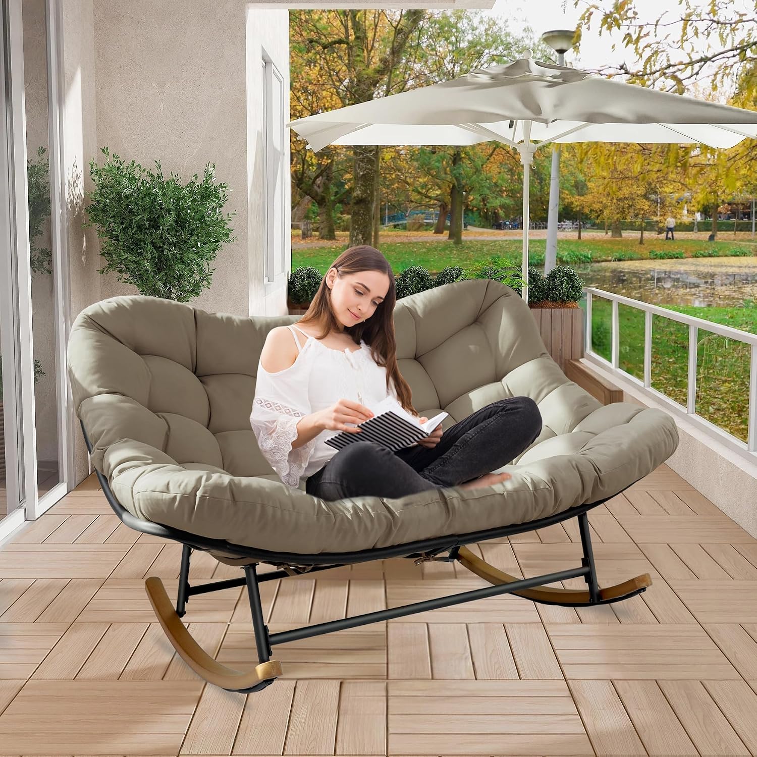 Double Papasan Patio Rocking Chair,Double Oversized Papasan Rocking Chair with Thick Cushions,Perfect for Indoor, Patio, or Balcony Use, Modern Outdoor Loverseat for Two.Khaki