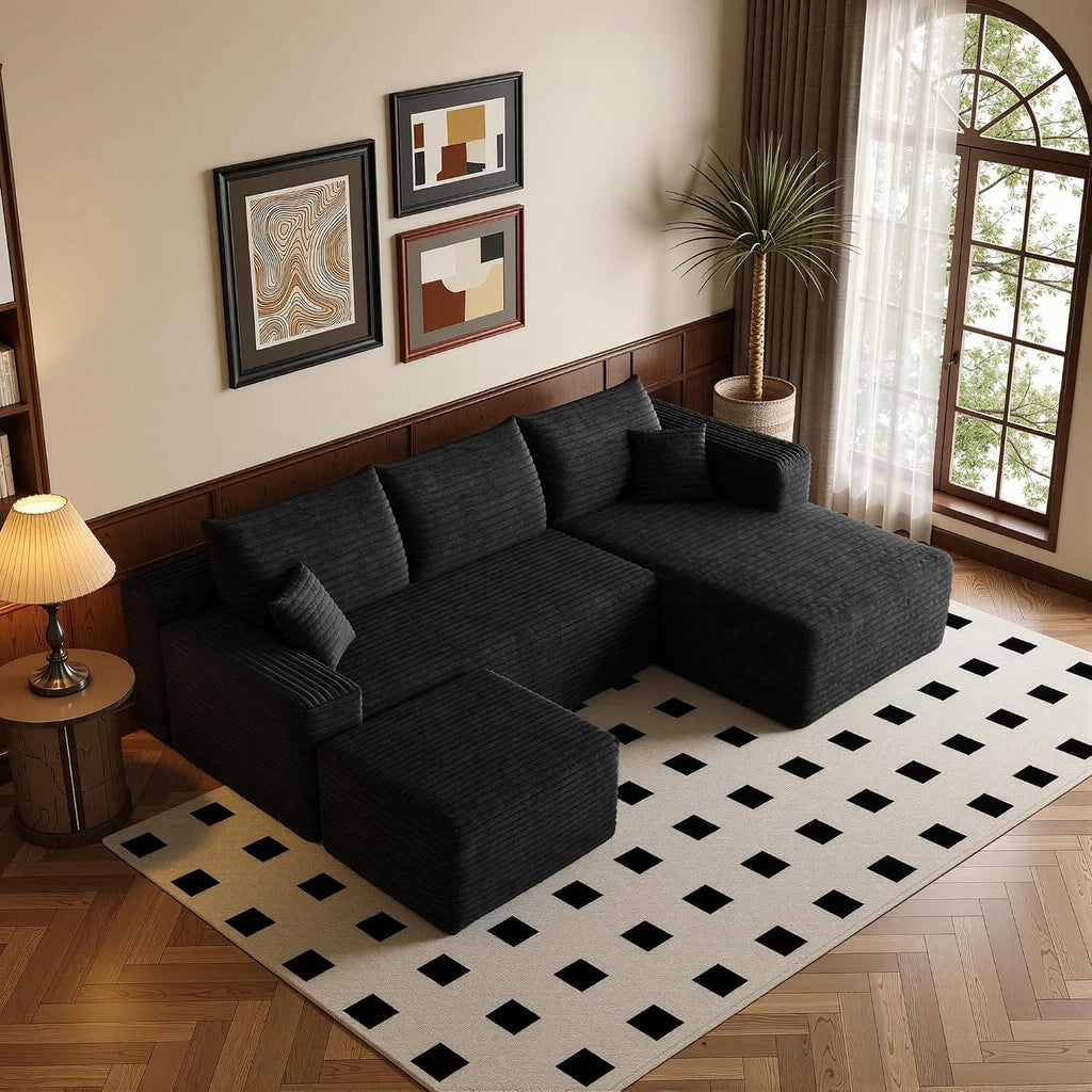 96''Sectional Couches for Living Room,Modern Modular Sectional Sofa,Upholstered Boneless Couch Comfy Cloud Couch with L Shaped Chaise (Black, Upgrade-96''W Right Facing Chaise+Ottoman)