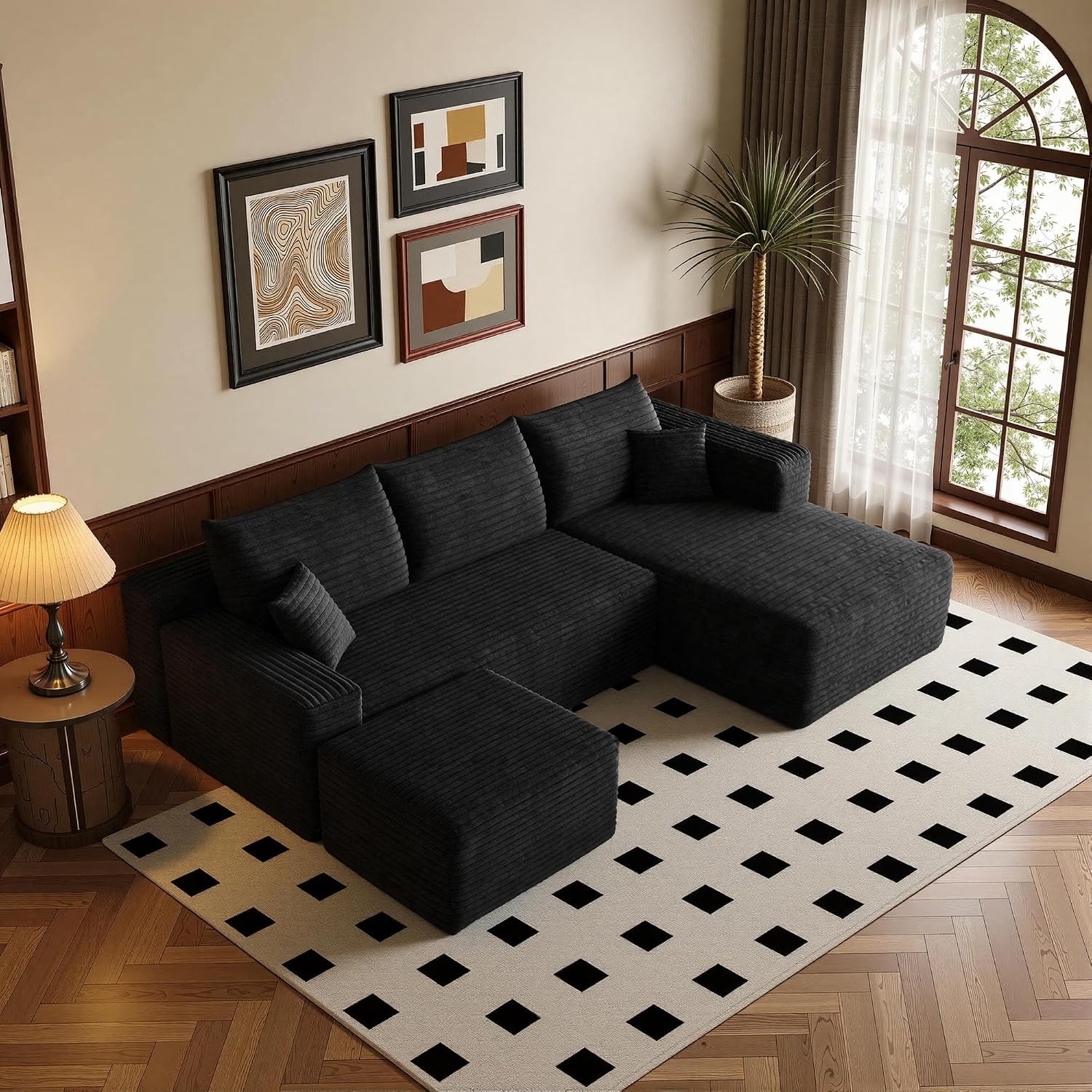 96''Sectional Couches for Living Room,Modern Modular Sectional Sofa,Upholstered Boneless Couch Comfy Cloud Couch with L Shaped Chaise (Black, Upgrade-96''W Right Facing Chaise+Ottoman)