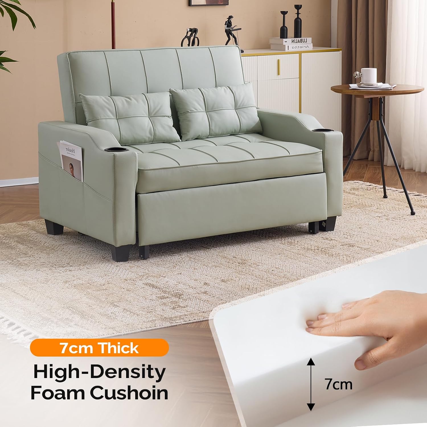 VINGLI Green Futon Sofa Bed Convertible Loveseat Sleeper Couch, Faux Leather Pullout Sofa Fold Out Couch Bed with USB Ports, Cup Holders, Armrest for Living Room, Bedroom Apartment Room