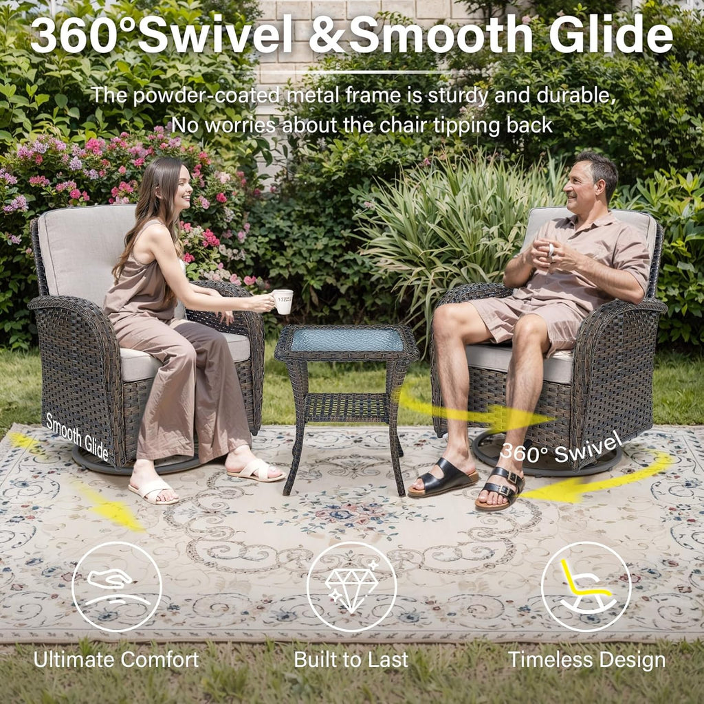 Belord 5 Piece Wicker Patio Furniture Set - Outdoor Conversation Sets with Deep Seating Swivel Rocker Chairs Loveseat and Rattan Coffee Table for Deck Backyard, Brown Wicker/Beige Cushion