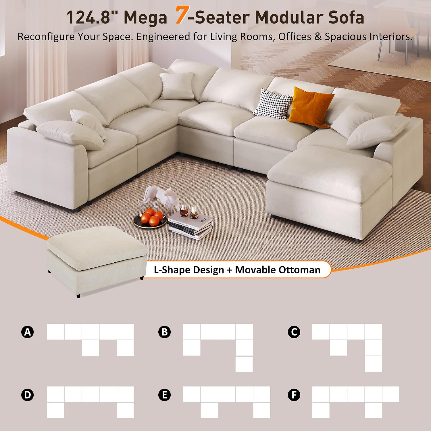 124.8' W Large Modular Sectional Sofa L Shaped Modern Couch with Ottoman, Deep Seat and Wide Chaise for Living Room, Beige