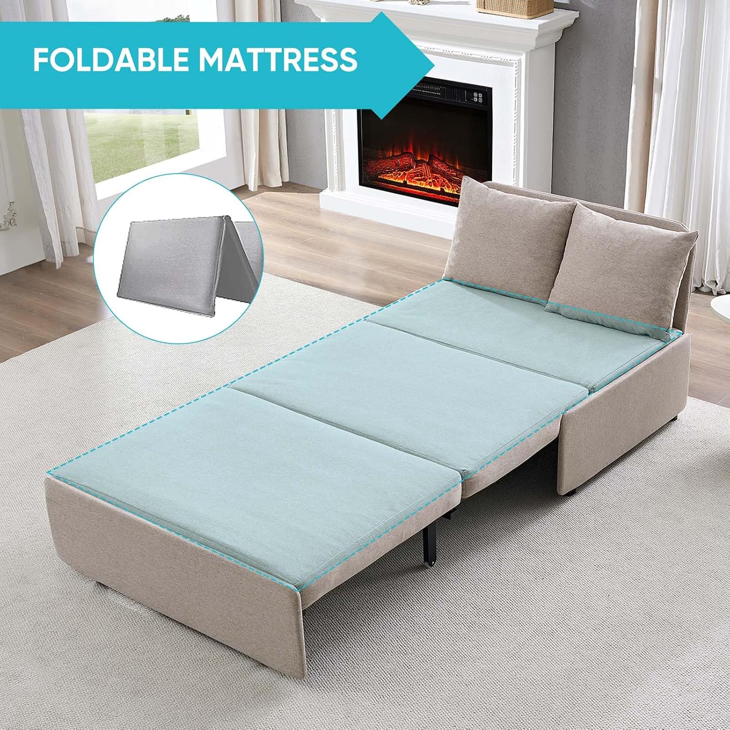 CECER 43.3' Twin Size Pull Out Sofa Bed, Pull Out Couch Bed with 2 Pillows, Linen Convertible Sleeper Sofa with Foldable Mattress, 2 in 1 Armless Sleeper Sofa for Living Room (Beige)