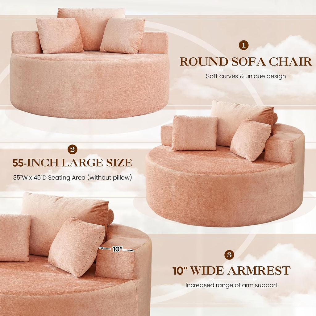 Antetek Oversized Round Chaise Longue Chair Indoor, Modern 55-inch Upholstered Terry Fabric Deep Seat Circle Single Cloud Lounge Floor Accent Chair for Living Room, Bedroom Apartment, Pink