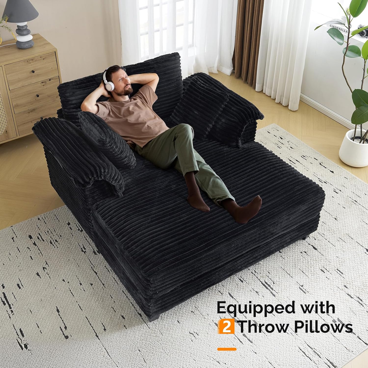 VINGLI 56' Oversized Chaise Lounge Chair, Black Comfy Corduroy Chaise Sofa Recliner Bed Upholstered Sleeper Couch Bed with Throw Pillows and Armrests for Living Room, Movie Room, Bedroom