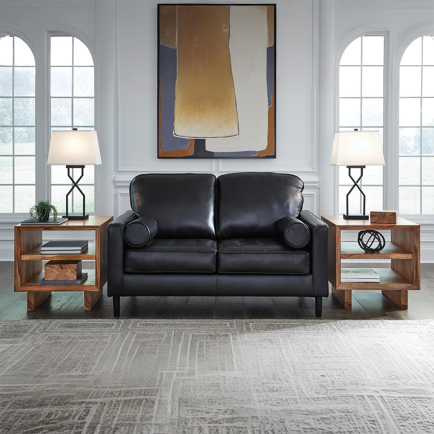 Signature Design by Ashley Bryceview Mid-Century Leather Match Tufted Loveseat with 2 Bolster Pillows, Black