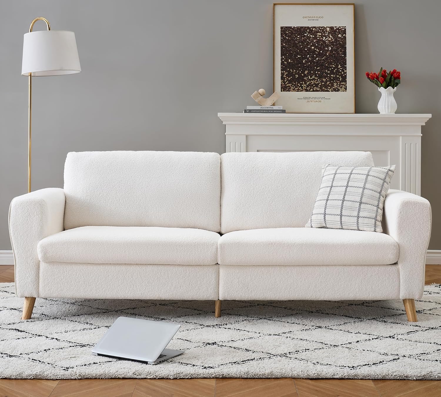 GarveeHome 84 in Sofa Couch, Large Loveseat Sofa with Wide Armrests, Deep Seats & Wood Feet, 3 Seater Modern Boucle Sofa, Comfy Couches for Living Room Bathroom Small Spaces, White