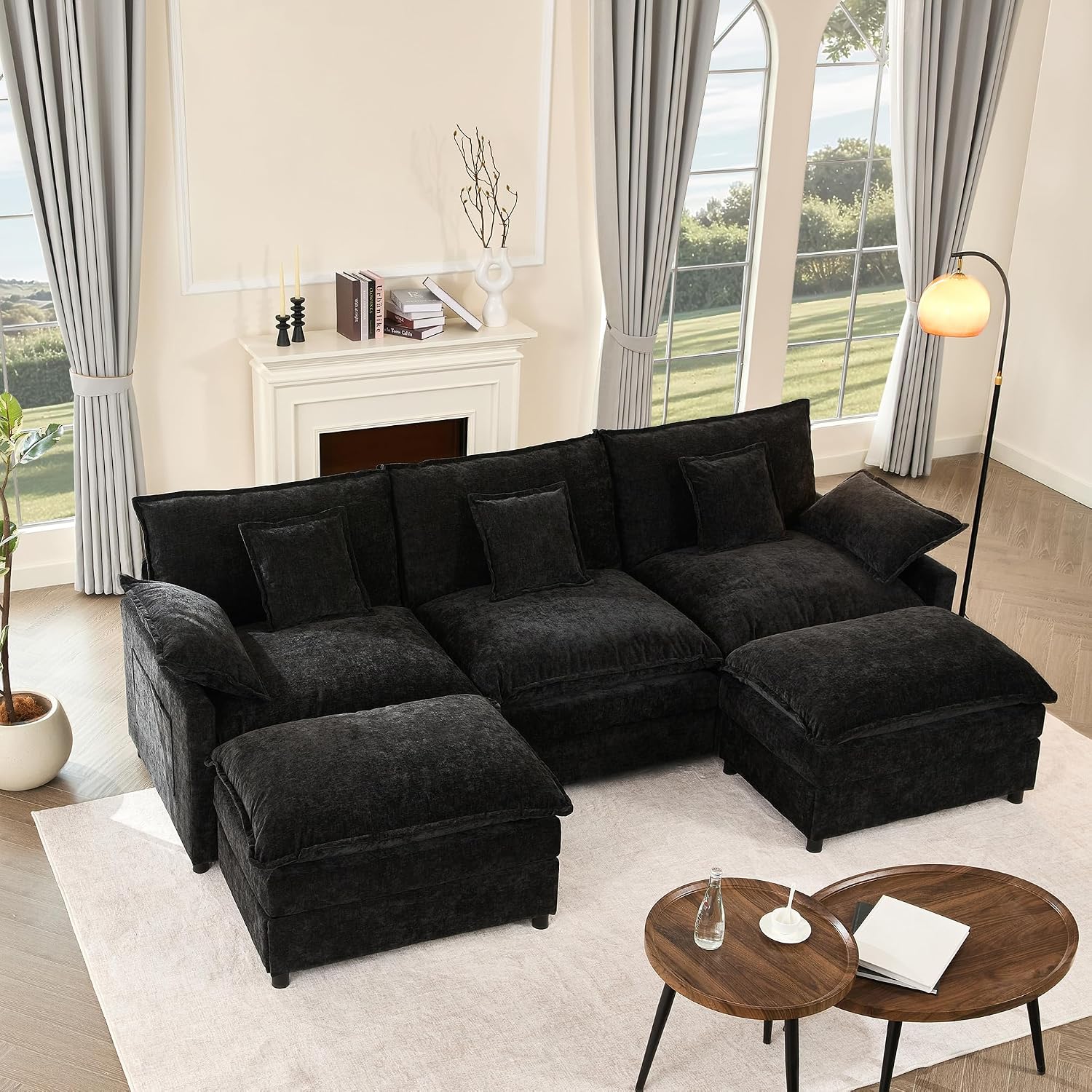 GOSUHI 108' U Shaped Couch, Modular Sectional Sofa, 3-Seater Comfy Cloud Couch, Set of Modular Pieces with Movable Ottoman, Deep Seat Couches for Living Room, Chenille, Black