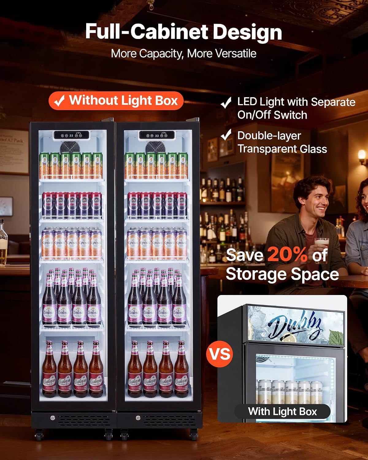 VEVOR Commercial Merchandiser Refrigerator, 6.9 Cu.Ft / 195L Glass Door Display Refrigerator, Upright Beverage Cooler Fridge with 4 Adjustable Shelves, Soft LED Light & Casters for Homes Shops Bars