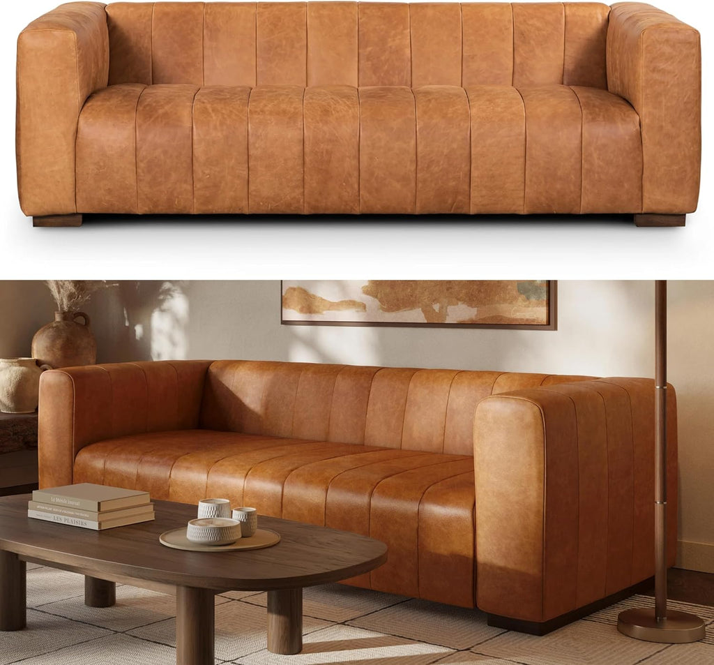 POLY & BARK Canale Sofa – 86' Channel-Tufted Italian Leather Couch – Cognac Tan Full-Grain Pure-Aniline or Semi-Aniline Leather, Solid Wood Frame & Legs