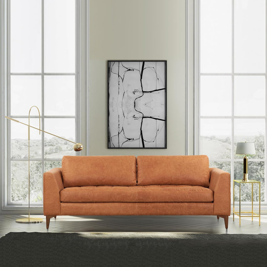Poly & BARK Calle 90' Sofa Full-Grain Pure-Aniline Italian Leather in Cognac Tan, Solid Wood Legs